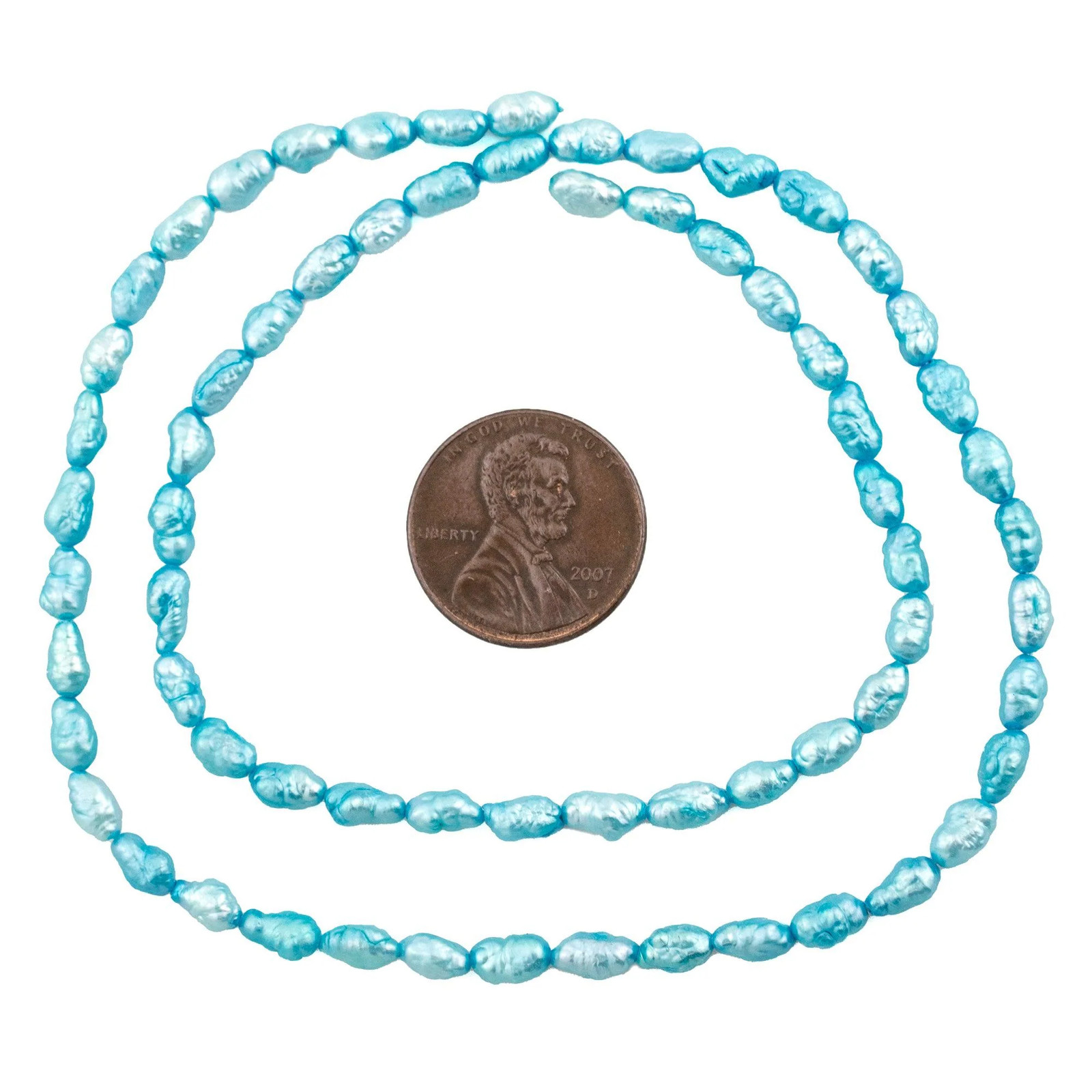 Sky Turquoise Vintage Japanese Rice Pearl Beads 4mm Blue Oval 16 Inch Strand