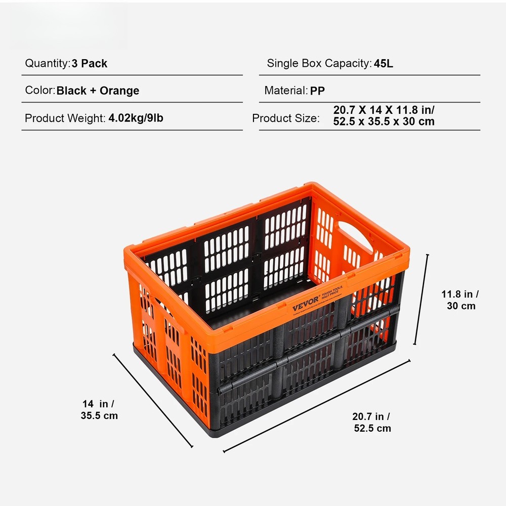 45L Plastic Collapsible Storage Basket Folding Bins w Handle Stackable Container