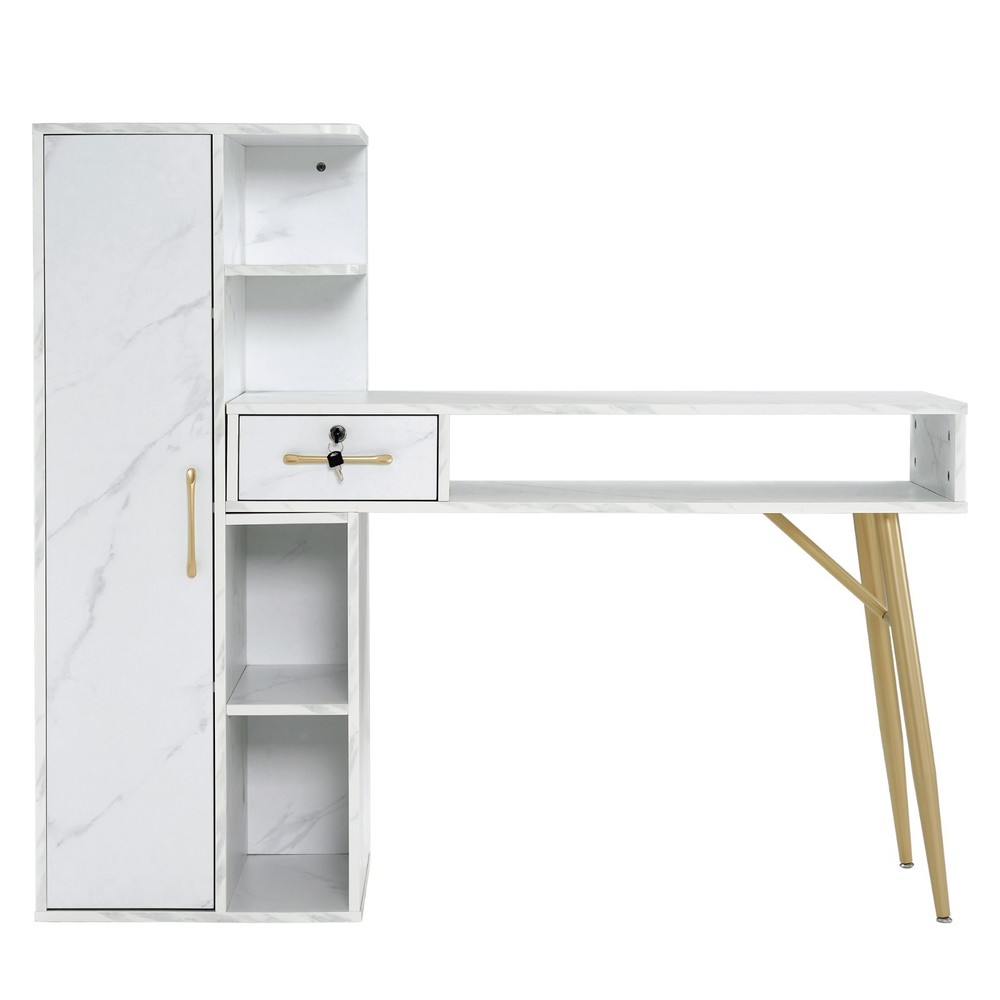 Manicure Table, Nail Desk with Marble Texture, Nail Table with Lockable Drawer