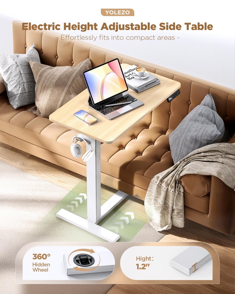 Overbed Bedside Table with Wheels, Electric Standing Desk Adjustable Height, ...