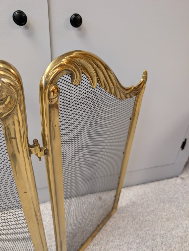 Vtg 3 Panel Fold Brass Shell Rose Fireplace Screen