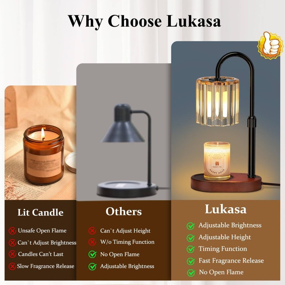Lukasa Candle Warmer Lamp with Timer, Dimmer Adjustable Height, Walnut