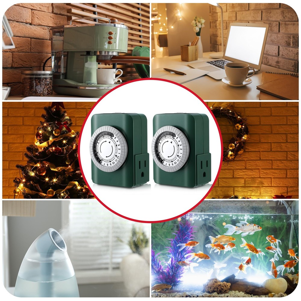 Dunkive 24 Hour 2 Grounded Outlets Mechanical Outlet Timer for Green