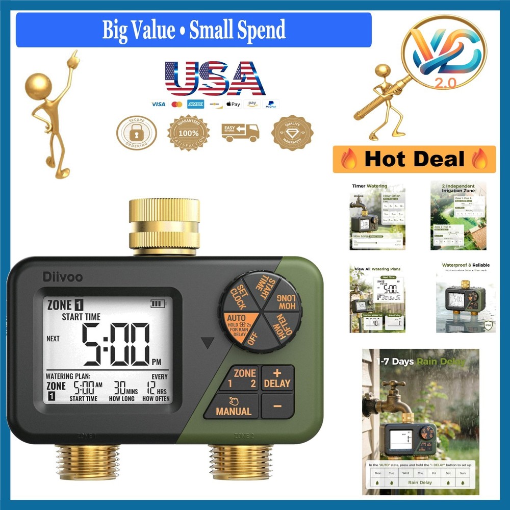 Brass Sprinkler Timer 2 Zone Waterproof Programmable Garden Irrigation