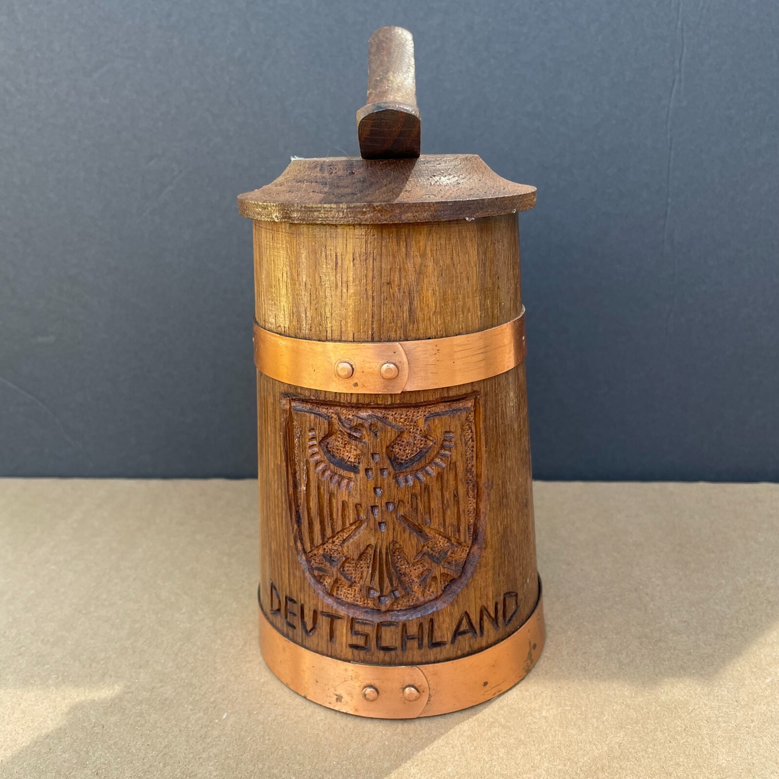 Vintage "Deutschland" Germany Eagle Carved Wooden Wood Barrel Tankard