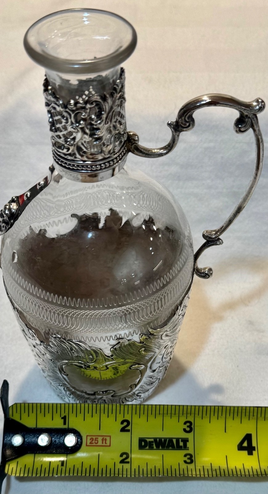 Antigue German 800 Silver Crescent & Crown Claret Jug Cut Glass Rococo c.1890