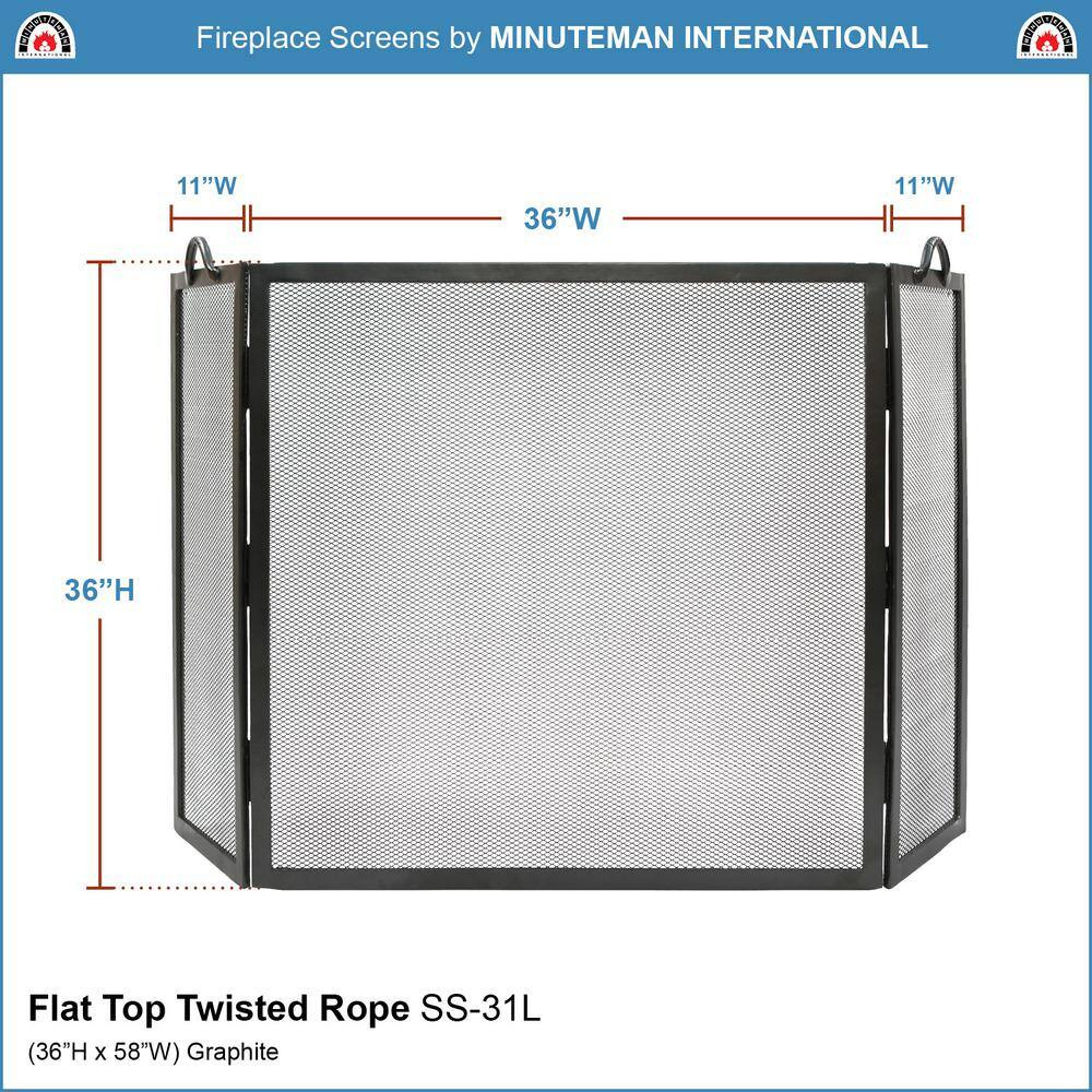 58 In. L Graphite 3-Panel Large Flat Top Twisted Rope Folding Fireplace Screen