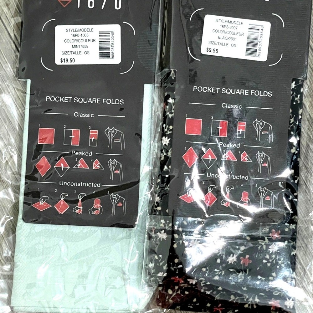 2pc Set 1670 Cotton Pocket Square - Black Mini Floral - Mint Green Solid - $30