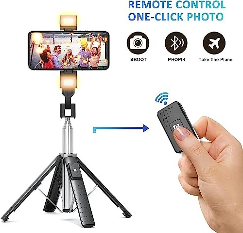 41” Selfie Stick Tripod Quadrapod with 2 Rechargeable Fill Light, Extendable