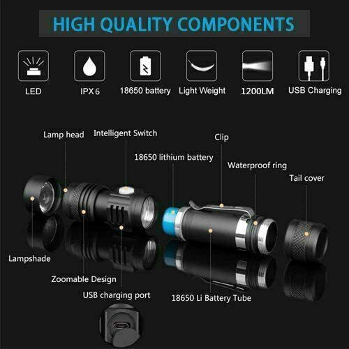 Tactical Flashlight Rechargeable Super Bright Zoomable LED USB C IP65 2 Pack