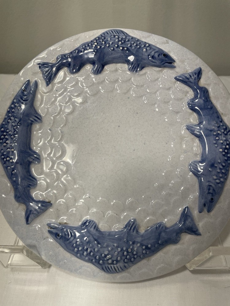 Salmon Embossed Blue & White Stoneware Trivet