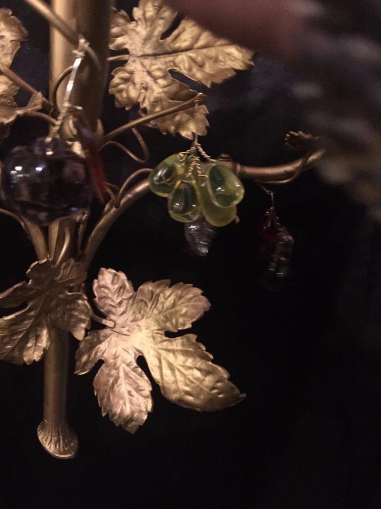 FRENCH ANTIQUE SOLID BRASS GRAPE LEAVE SCONCE WITH MULTI COLOR FRUIT CRYSTALS