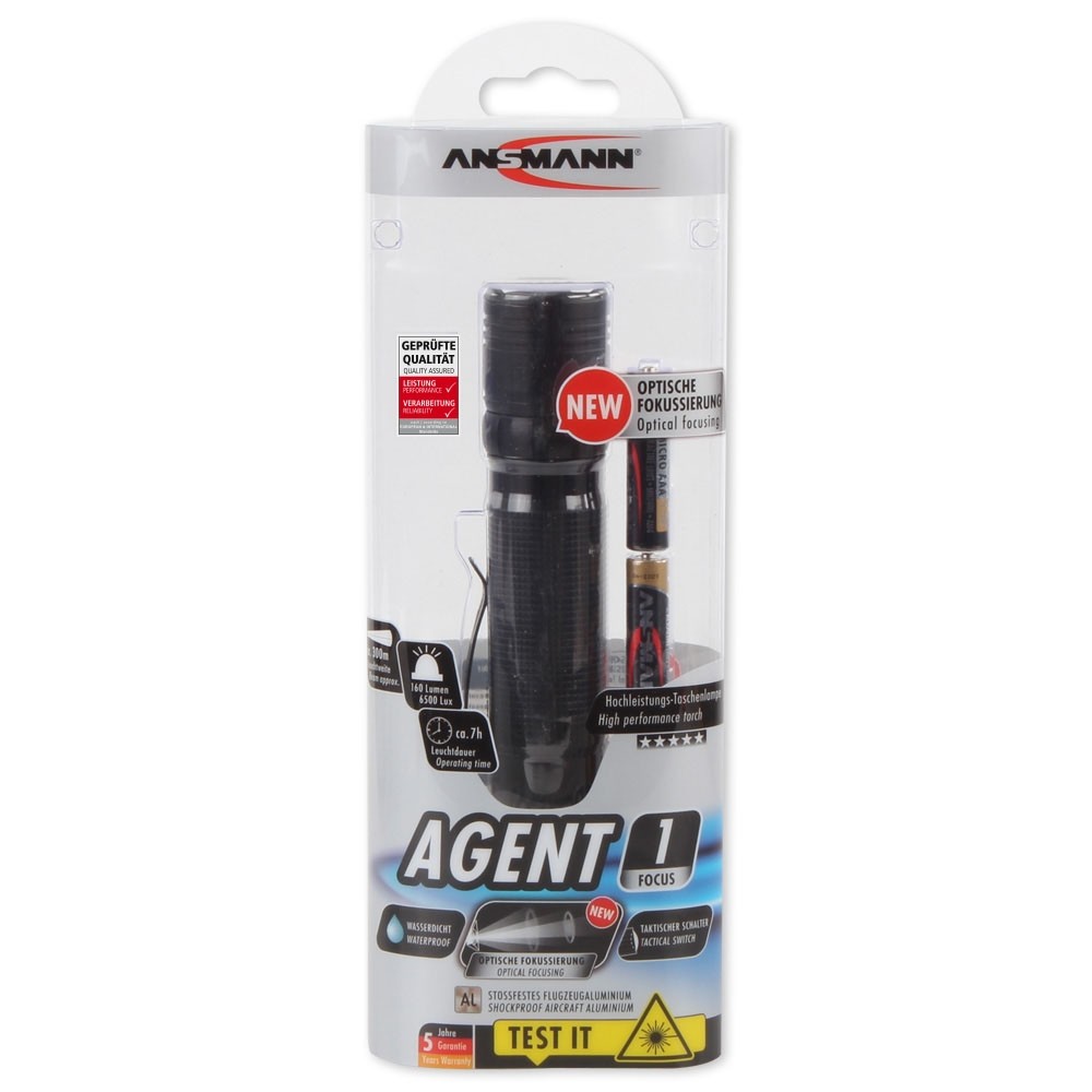 ANSMANN Agent 1 Focus Flashlight, Super Bright, LED High Lumen, 1600-0052