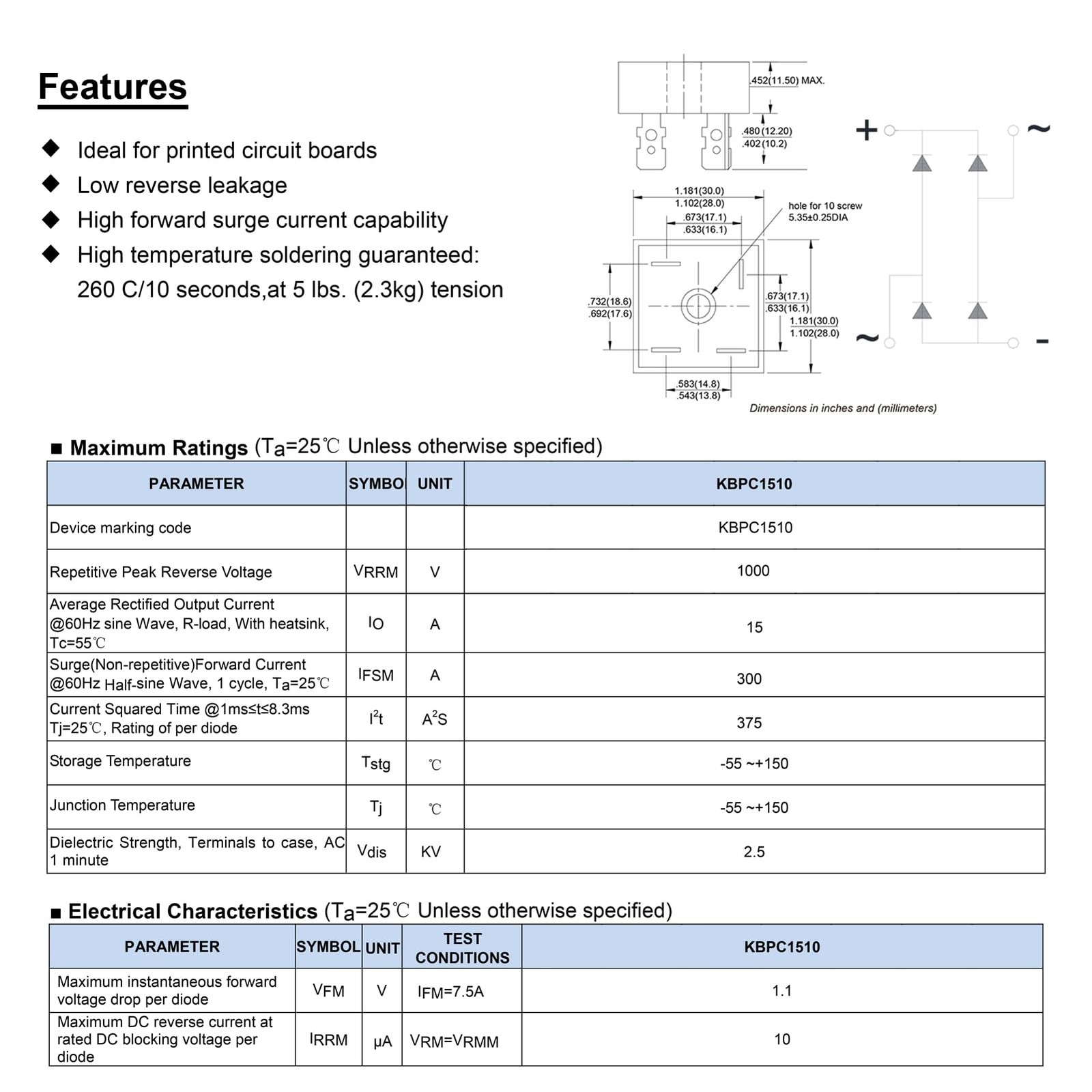 ALLECIN KBPC1510 Bridge Rectifier Diode 15A 1000V KBPC 1510 Electronic...