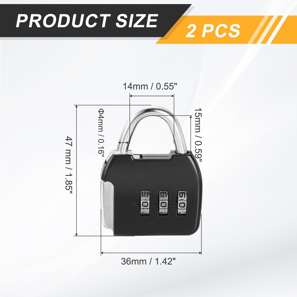 2Pcs Resettable 3 Digit Combination Lock Code Padlock, Black (47 x 36mm)