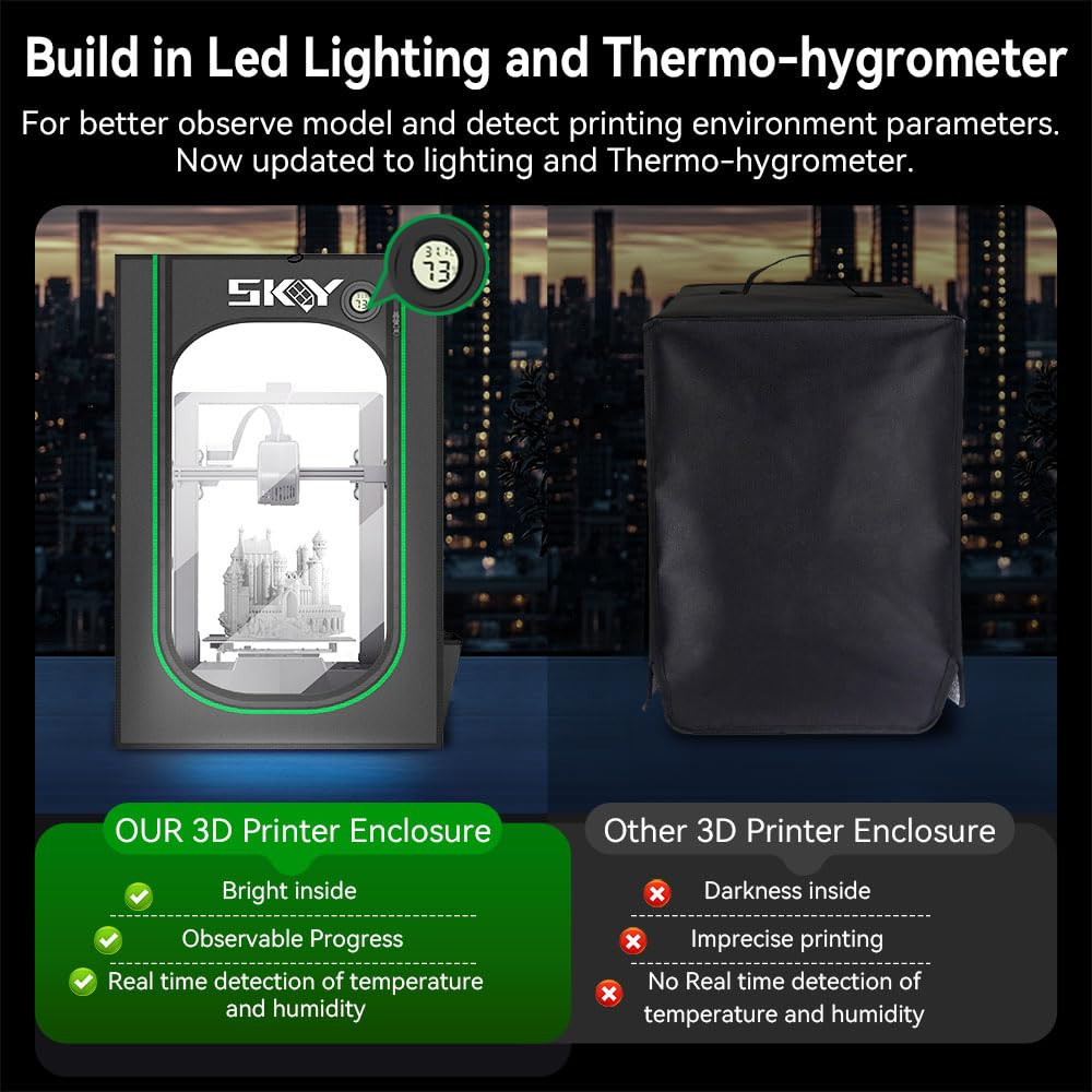 3D Printer Enclosure with LED Light, Hygrothermograph Fireproof Dustproof Tent C