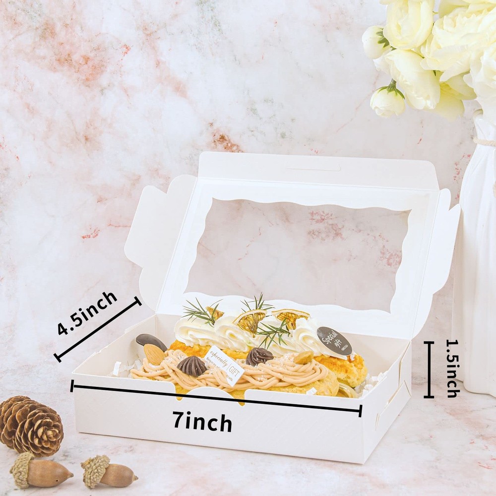 50pcs White Cookie Boxes with Window 7"x4.5"x1.5" Small Bakery Packagin