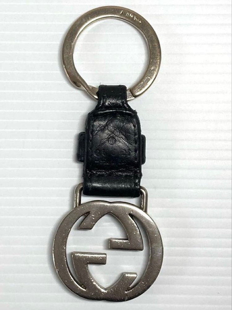 GUCCI Leather Keychain Black Interlocking GG Key Ring Charm