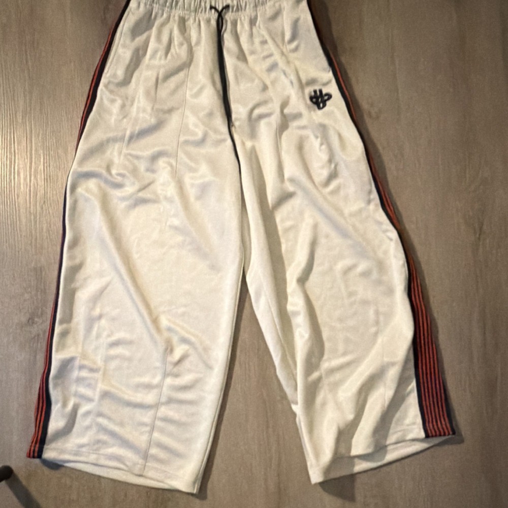 Men's White Track Pants M Red Side Stripe Drawstring