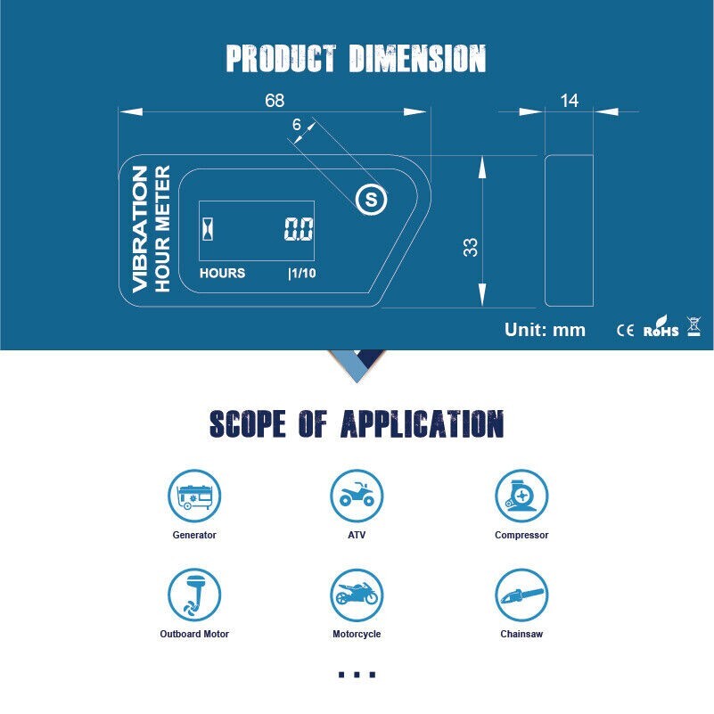 Digital LCD Wireless Vibration Hour Meter Resettable JOB Time Data Storage IP68