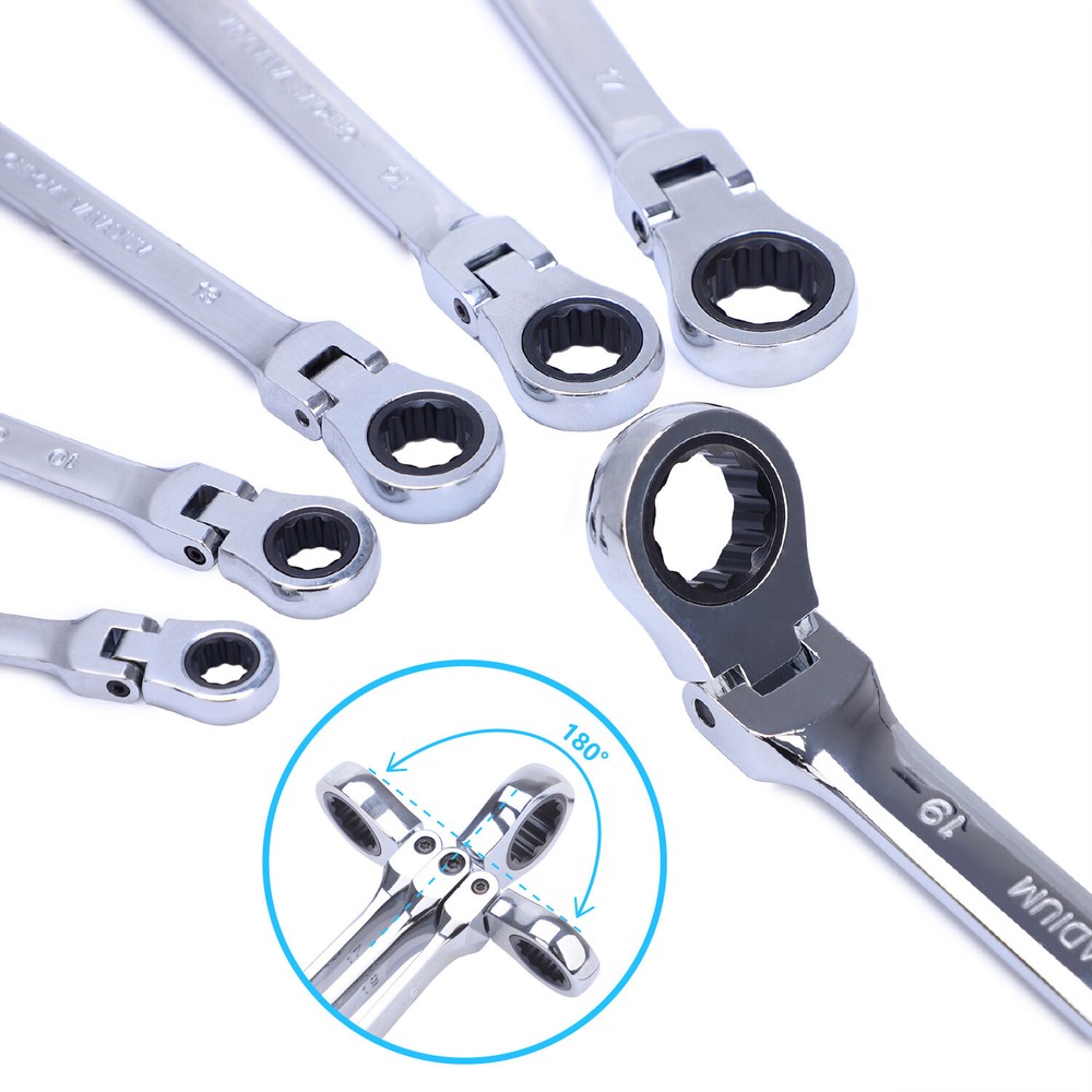 6Pc Double Box End Ratcheting Wrench Flex-Head Extra Long Heavy Duty Spanner Set