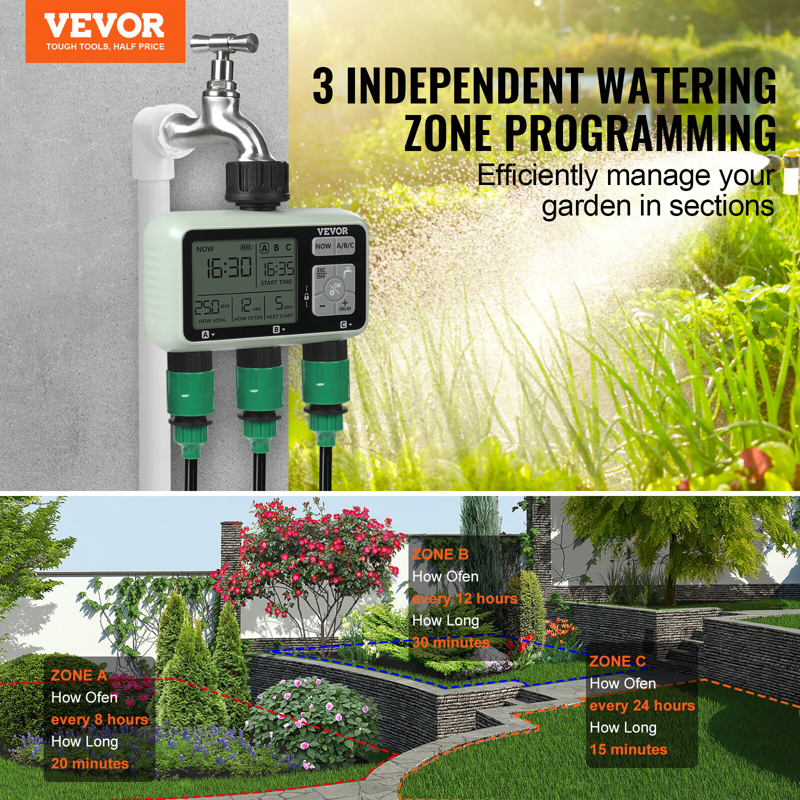 VEVOR Water Timer 3 Outlets Hose Watering Sprinkler Timer LCD Rain Delay Mode