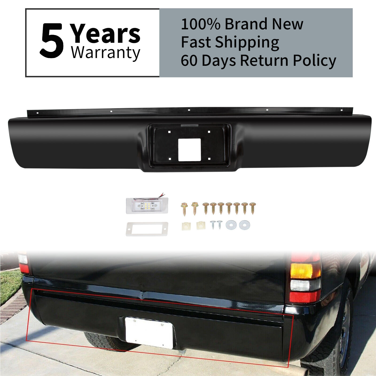 Rear Bumper Roll Pan w/ Light For 88-98 Chevy Silverado Sierra C/K1500 2500 3500
