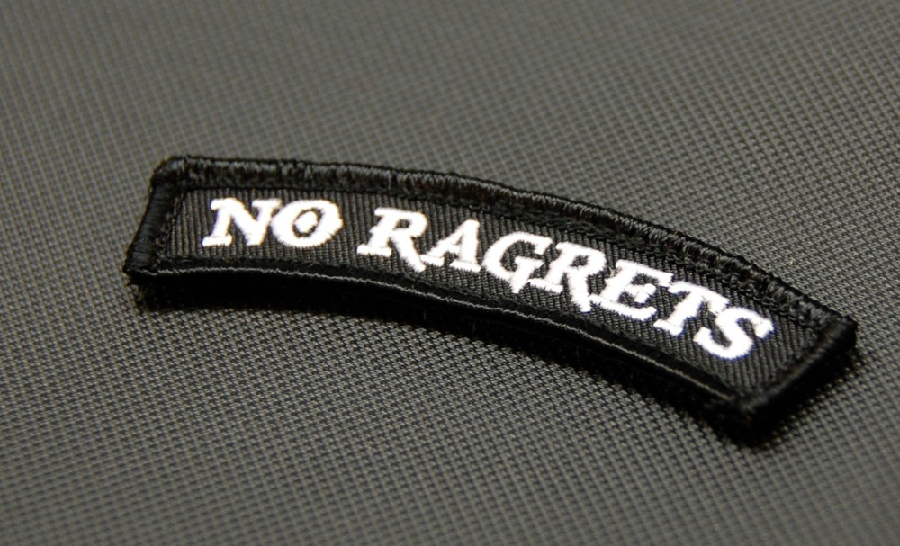NO RAGRETS Tab Morale Embroidered Patch Scotty P The Millers Hook & Loop Backing