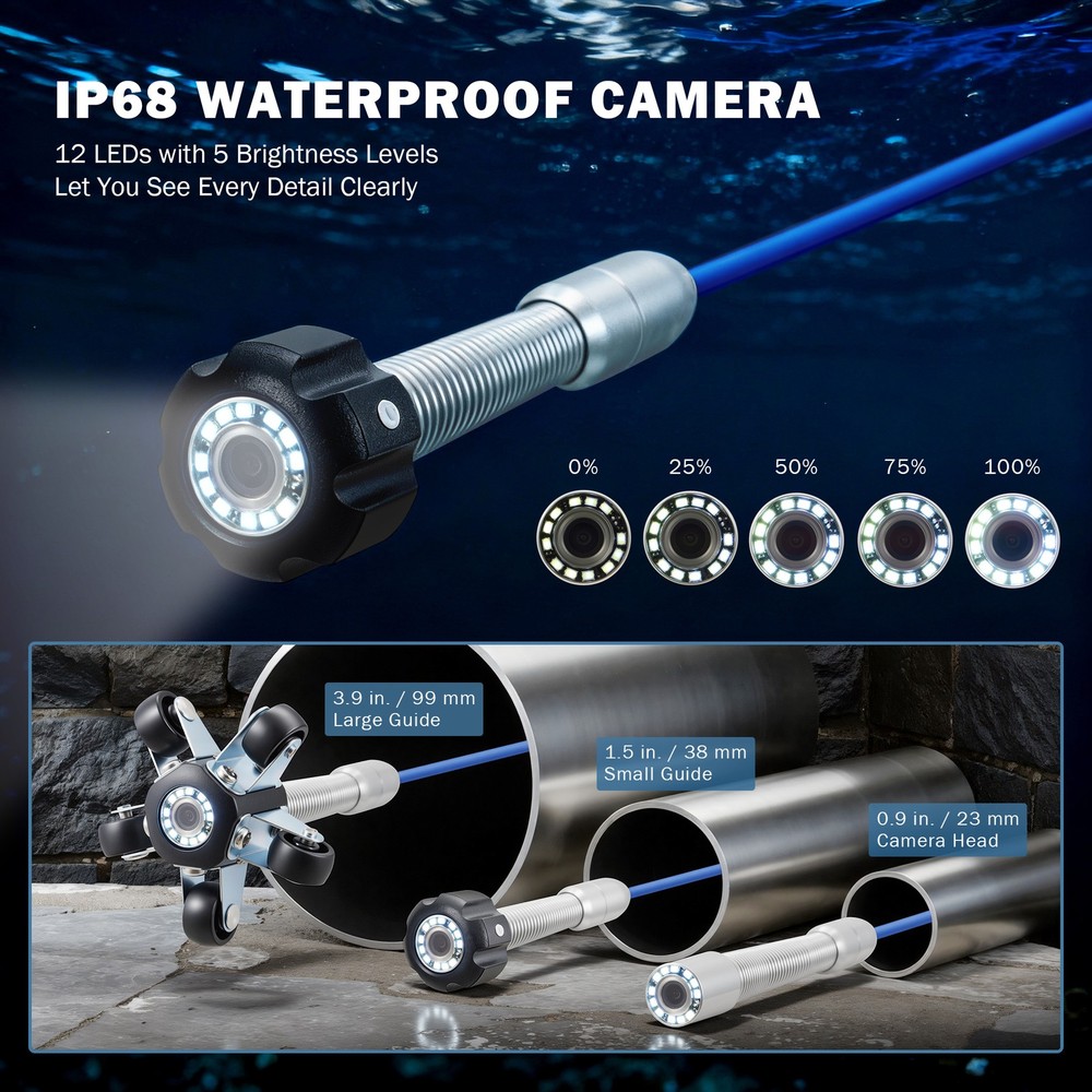10.1'' Self-Leveling Sewer Inspection Camera w 165ft Cable Wheels Locator Handle