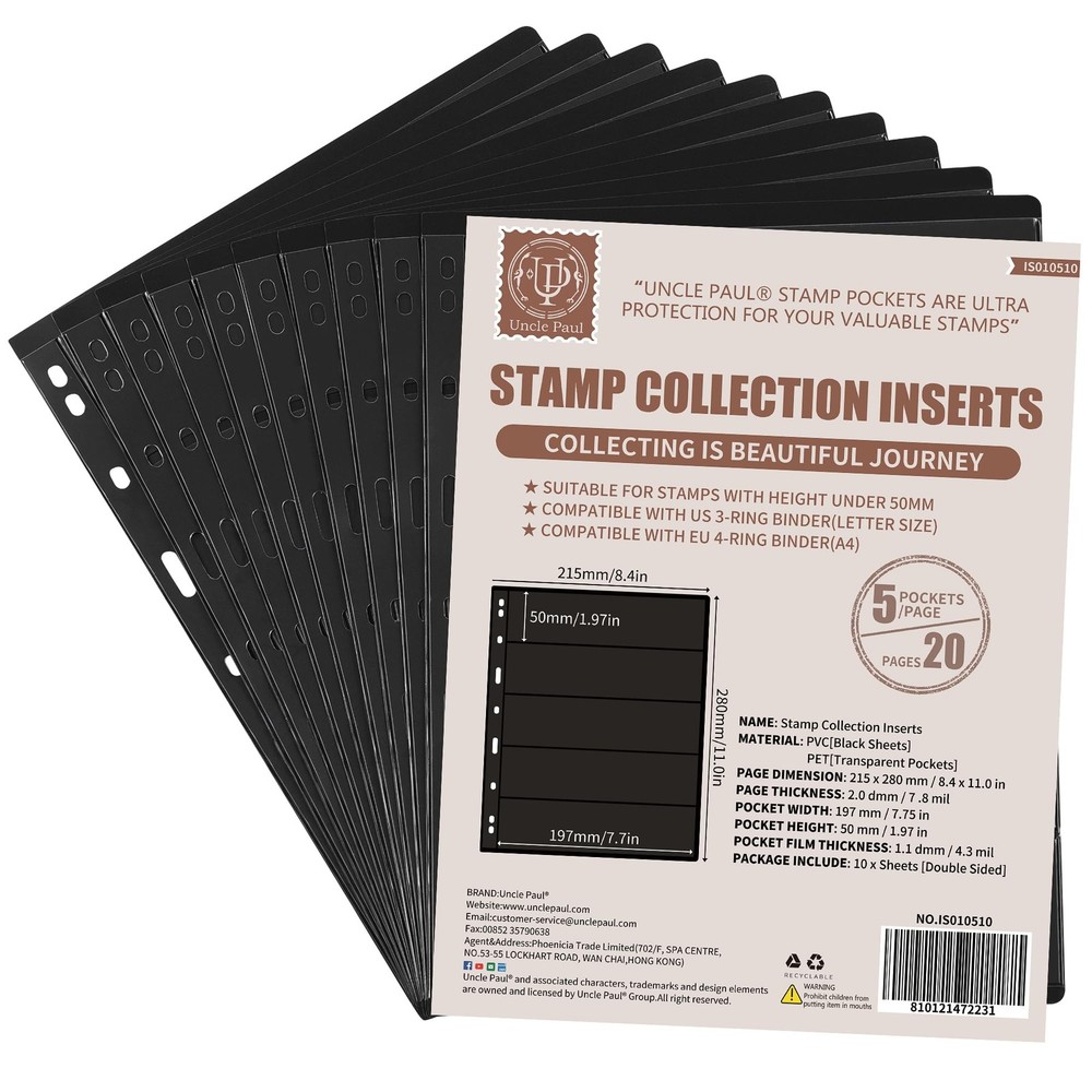 10 Sheets 20 Pages Postage Stamp Album Pages, 5 Pockets 7.7X 1.97in Stamp Col...