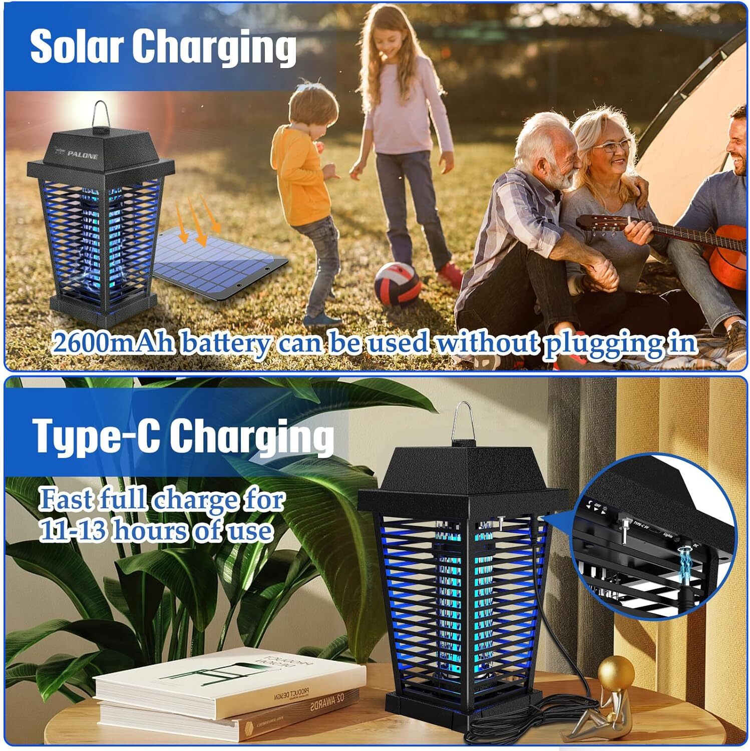 4500V Solar Bug Zapper – Outdoor/Indoor Mosquito Killer with UV Light & Type-C