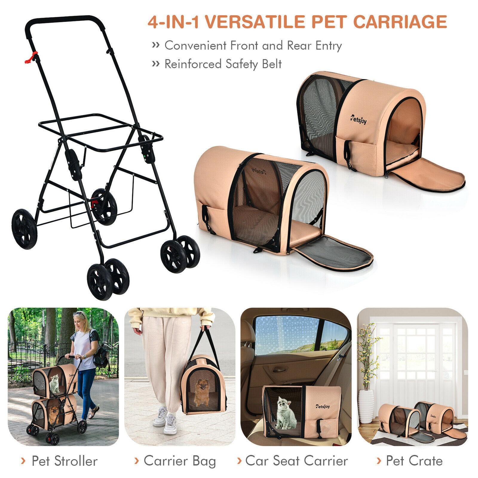 4-in-1 Double Pet Stroller w/ Detachable Carrier Travel Carriage for Cats Beige