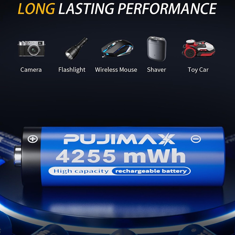 NEW 4 PCS PUJIMAX 4255mWh 1.5V AA Rechargeable Li-ion Batteries with Charing Box