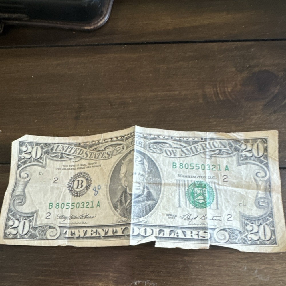 $20 US Federal Reserve Error Note Misaligned Fold-Over Printing B80550321A
