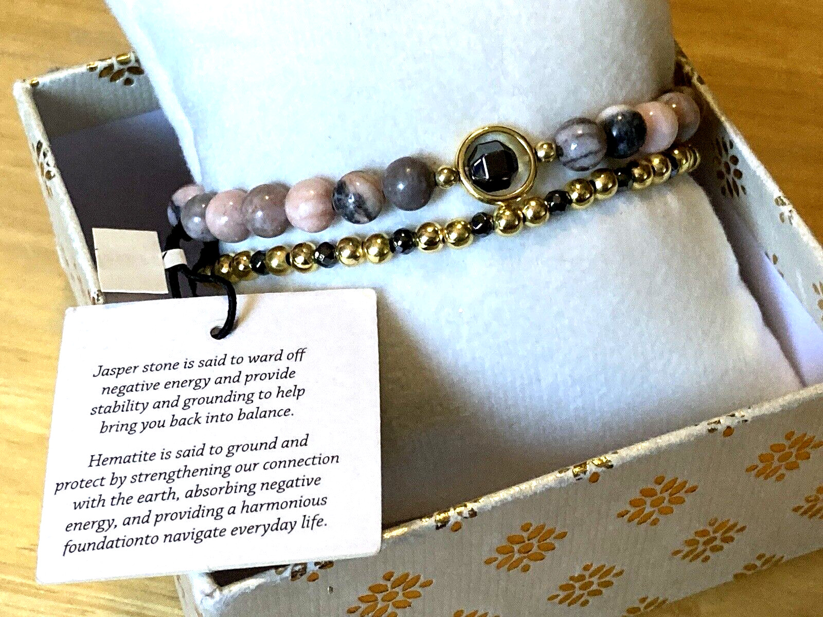 Shivam Bracelet Pink Jasper Hematite Gold Plated Beaded Set