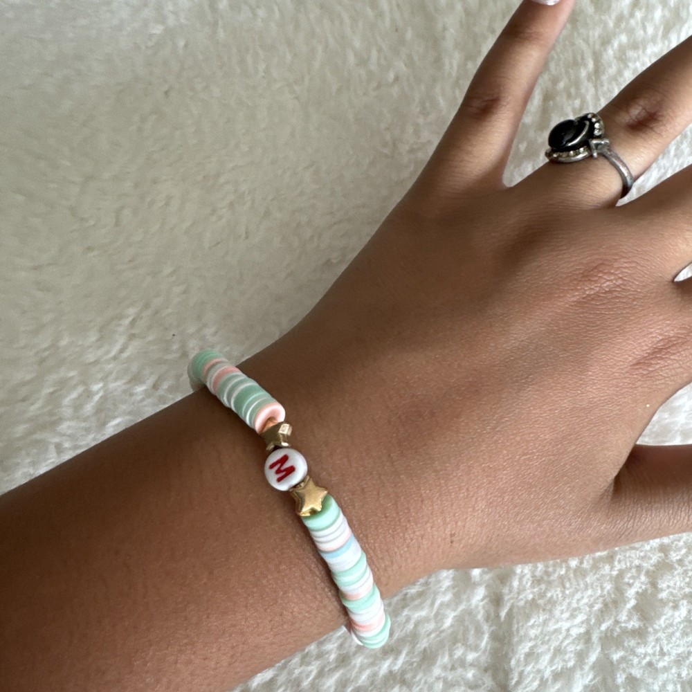 Preppy Handmade Clay Bead Bracelet With Initials “M”