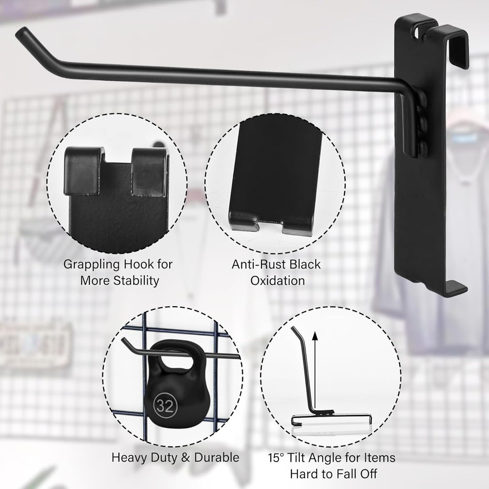 Gridwall Hooks - 4 Inch Heavy Duty Black Display Hooks for Grid Wall Panel Ha...