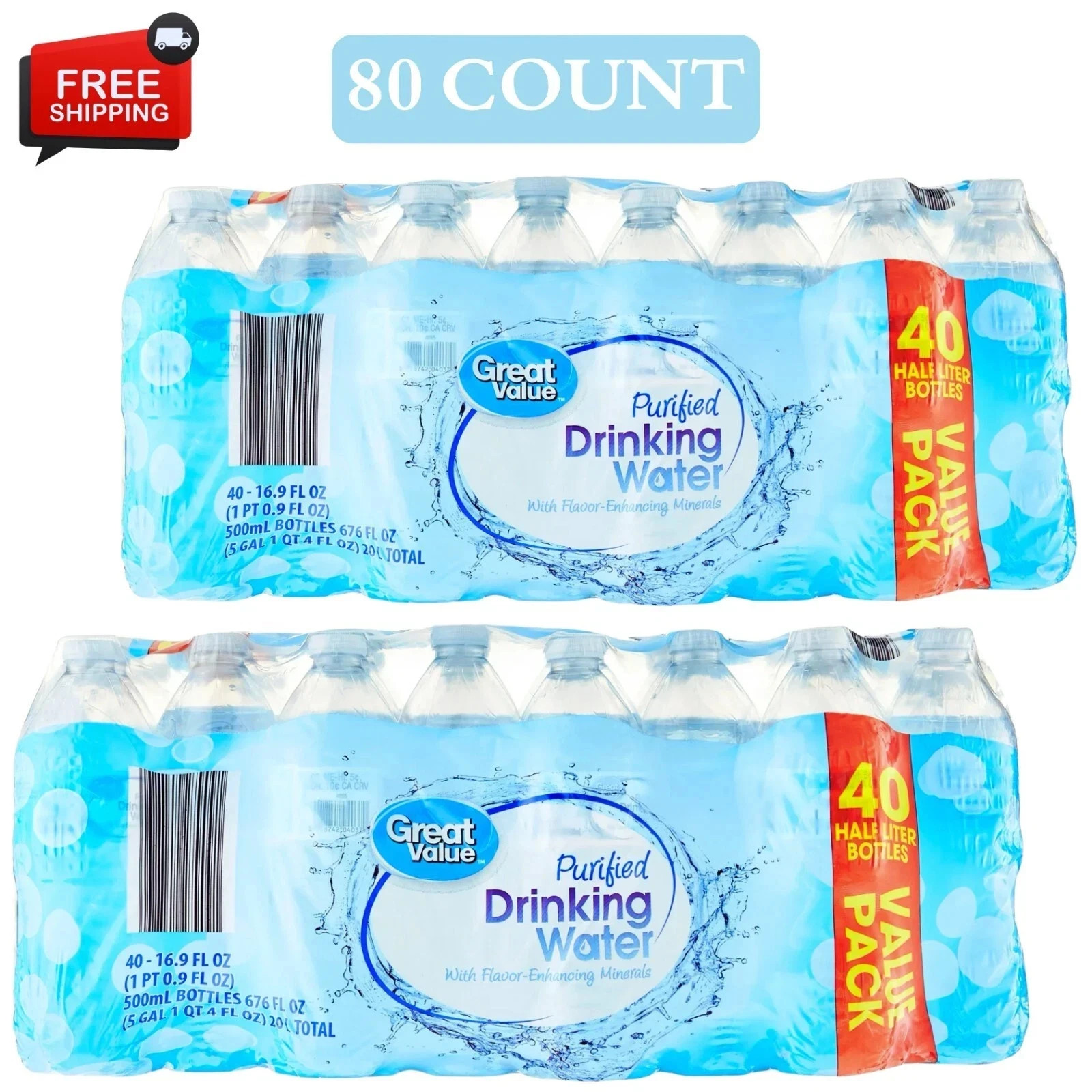 (2 pack) 16.9 Fl. Oz., Great Value Purified Drinking Water, 40 Coun