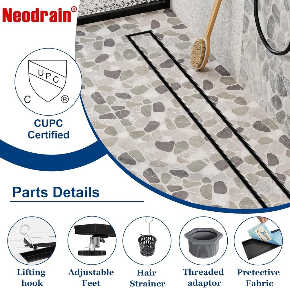 Modern Matte Black Rectangle Shower Drain, 24" Linear Drain