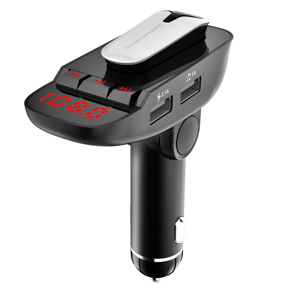 Car FM Transmitter w/ Wireless Earpiece 2 USB Charge Ports Hands-free Call MP3