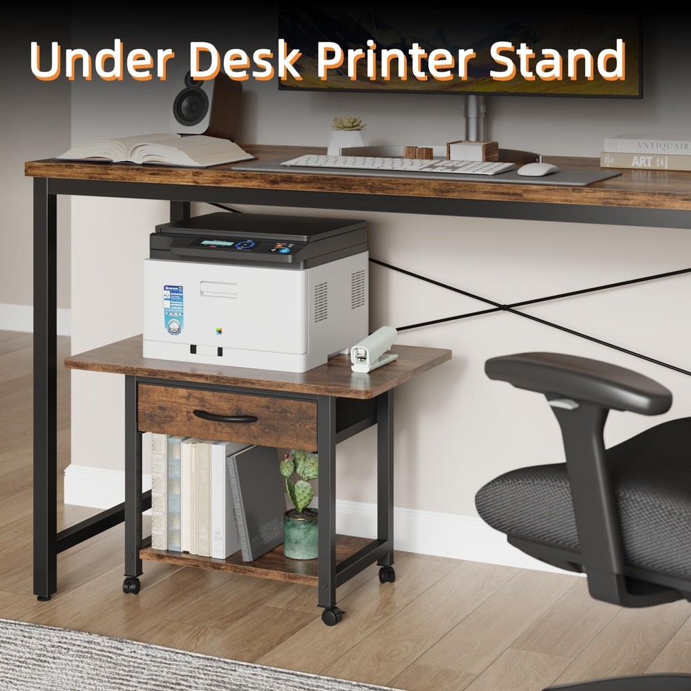 Large Printer Stand with Storage Drawer, 2-Tier Under Desk Table for Home Off...