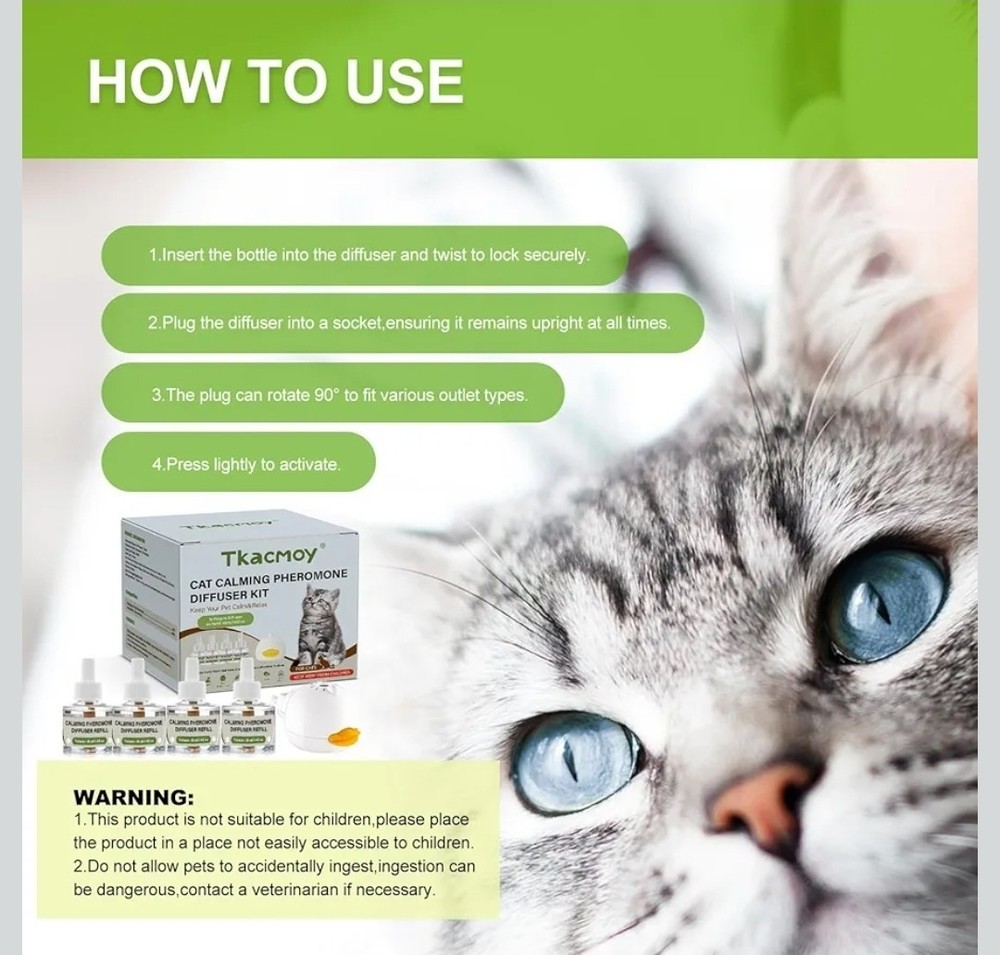 TkacmoyCat Calming Diffuser, 4-in-1 Pheromone Refills for Anxious Cats,...
