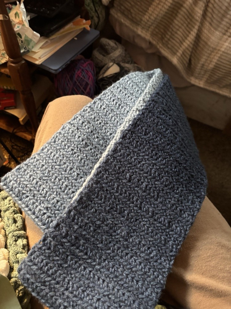 Handmade Crocheted Scarf, Blue & Gray completely connected style!