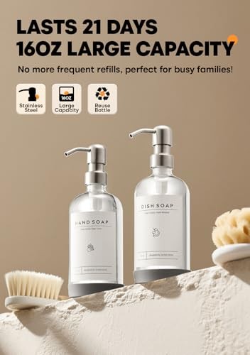 Kitchen Soap Dispenser Set with Grey Sink Caddy + Clear Bottle + Silver Pump