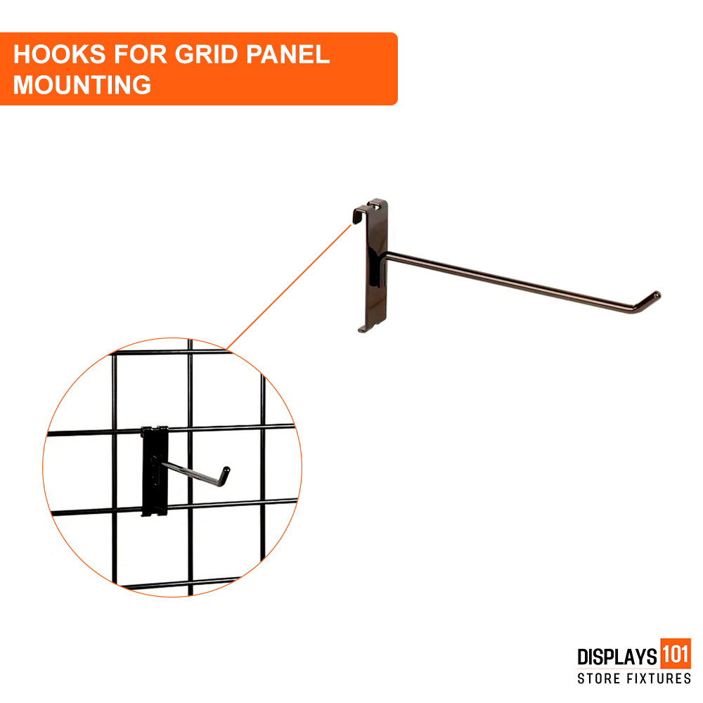 8" Gridwall Hooks | 100-Pack Black Hooks For Grid Panel Displays - NEW