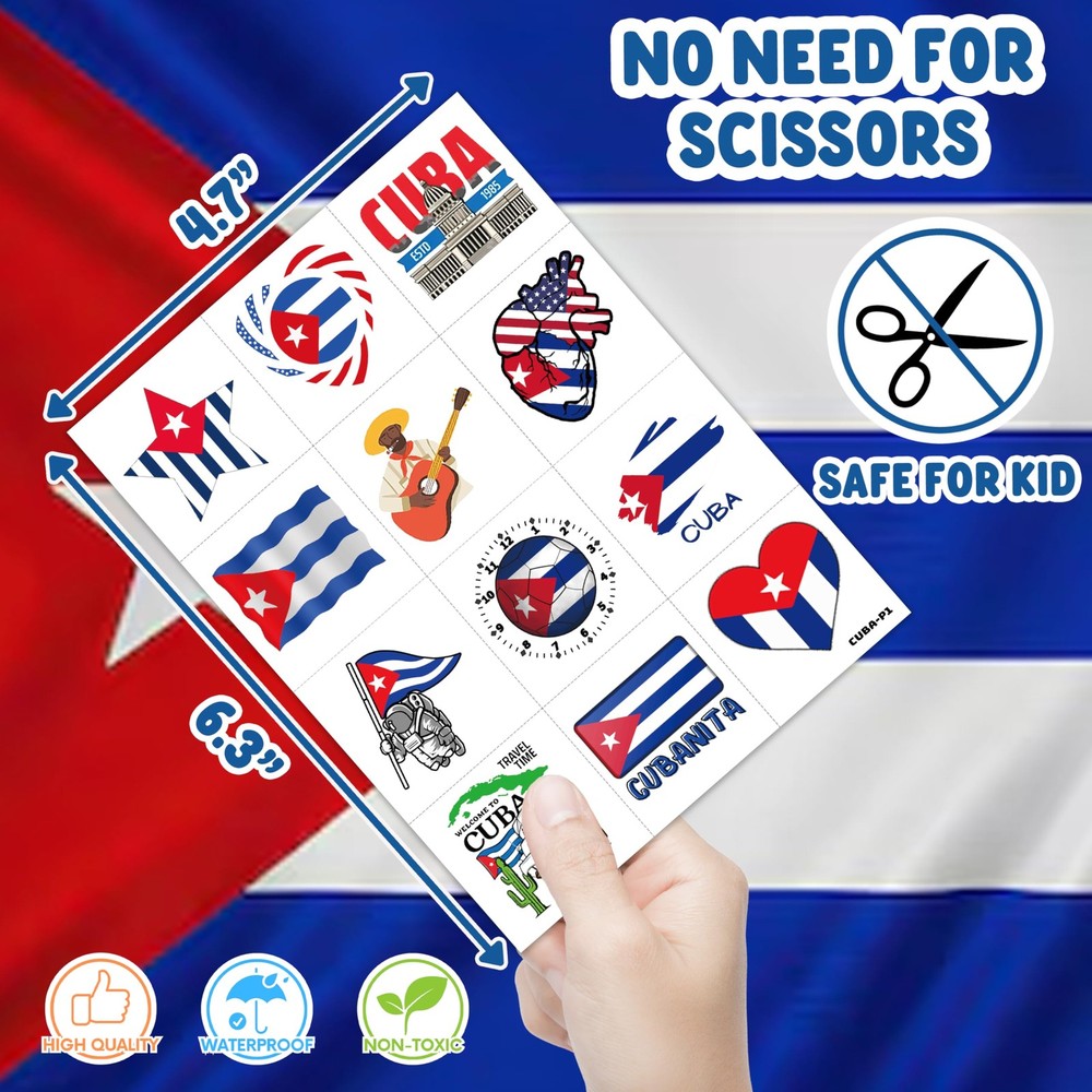 96 PCS Cuban Flag Pre-Cut Temporary Tattoos Cuba Birthday Medium, Multiple