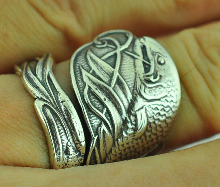 Solid 925 Sterling Silver Large Fish Adjustable Spoon Ring