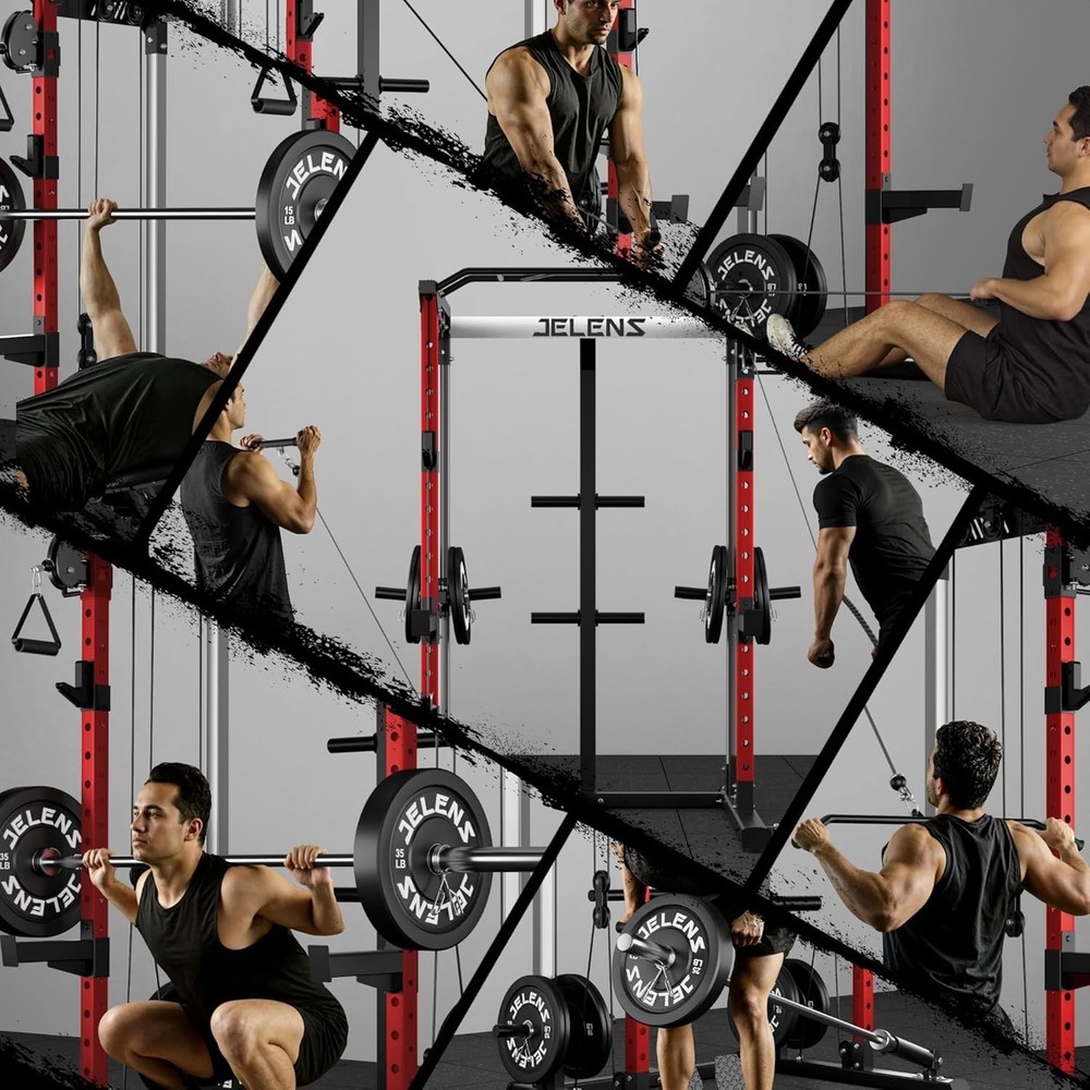 Power Rack Cage, Weight Rack with Dual Pulley Cable Crossover Machine,Multi-Func