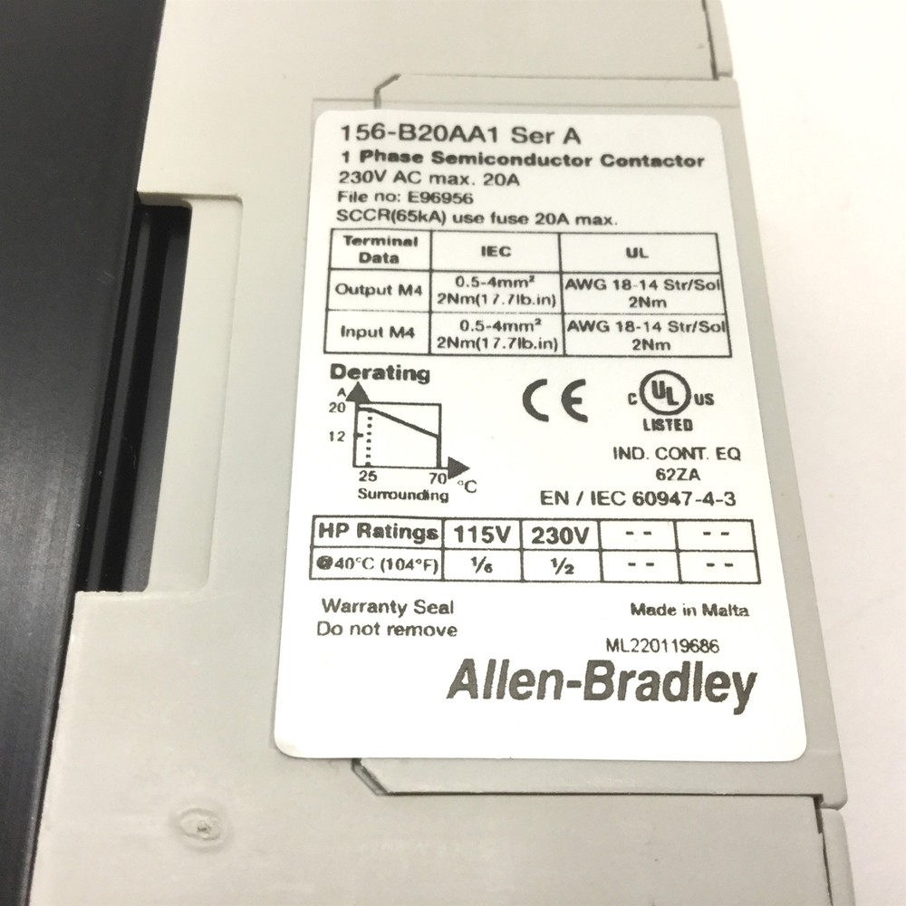 Allen Bradley 156-B20AA1 Solid State Semiconductor Contactor, Control: 24-275VAC