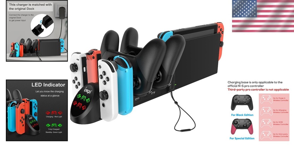 Safe & Compact Charging Dock for Switch Pro Controllers - 6-in-1 with Smart Chip